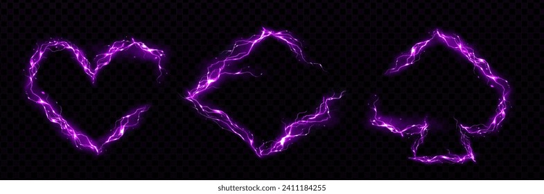 Purple lightning frames set isolated on transparent background. Vector realistic illustration of heart, rhombus, spade shape borders, thunderbolt design elements for game ui design, electric discharge