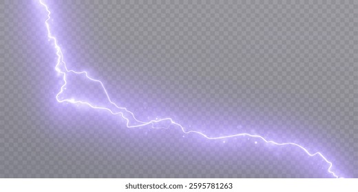 Purple Lightning isolated on transparent background PNG. Lightning and discharge strike force, thunder, sparkle. Vector