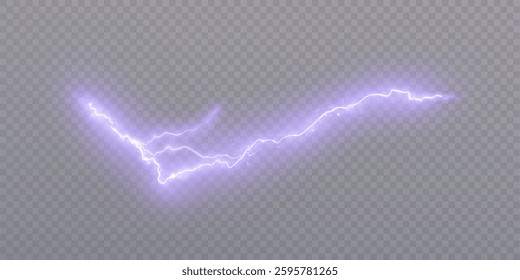 Purple Lightning isolated on transparent background PNG. Lightning and discharge strike force, thunder, sparkle. Vector