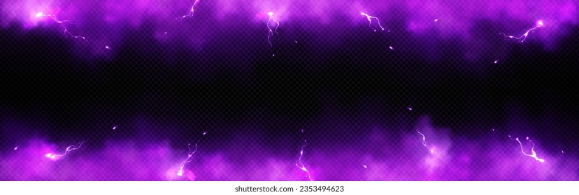 Purple lightning and smoke effect frame background. 3d abstract thunder glow cloud border design element. Isolated glowing thunderbolt impact overlay with fluffy texture. Transculent fog with sparkle