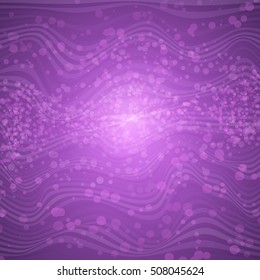 Purple lights Background with waves and bokeh. Vector illustration. Holiday abstract glitter background.