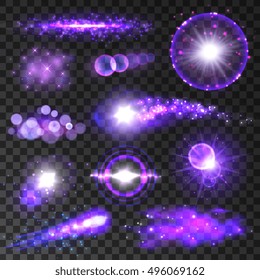 Purple lights. Neon bokeh light flashes and sparkles. Twinkling star, shining sun beams and sparks with lens flare effect on transparent background