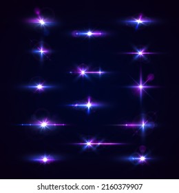 Purple lights star, sun rays, violet sparks sparkle. Blue glow star burst flare explosion light effect. Bright glitter glare. Set of transparent blue light streak and lens flares. Neon flare. Vector