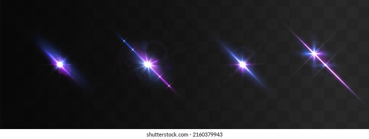 Purple lights star, sun rays, violet sparks sparkle. Blue glow star burst flare explosion light effect. Bright glitter glare. Set of transparent blue light streak and lens flares. Neon flare. Vector