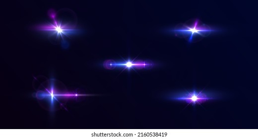 Purple lights star, sun rays, violet sparks sparkle. Blue glow star burst flare explosion light effect. Bright glitter glare. Set of transparent blue light streak and lens flares. Neon flare. Vector