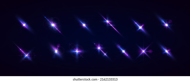 Purple lights star, sun rays, violet sparks sparkle. Blue glow star burst flare explosion light effect. Bright glitter glare. Set of transparent blue light streak and lens flares. Neon flare. Vector