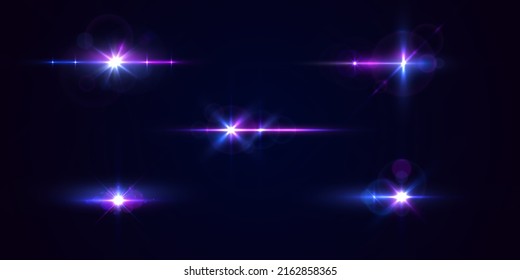 Violette Lichtsterne, Sonnenstrahlen, violette Funken funkeln. Blauer leuchtet Sternenstern Explosionslichteffekt. Helles Glitterglück. Set aus transparentem blauem Lichtstreich und Linsenfackel. Neon-Flare. Vektorgrafik
