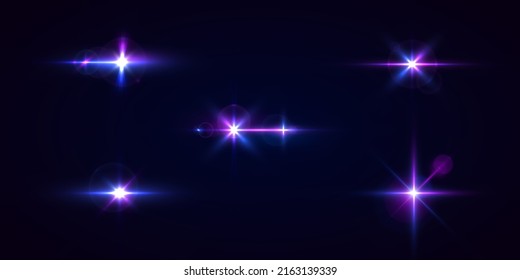 Estrella de luces moradas, rayos solares, chispas violetas brillan. Efecto de la luz de explosión de la estrella de brillo azul. Brillo brillante brillante brillante brillante. Conjunto de bengalas transparentes de luz azul y lentes. Llama de neón. Vector