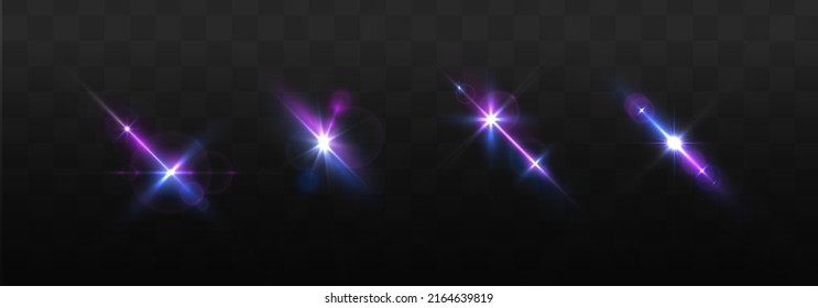 Estrella de luces moradas, rayos solares, chispas violetas brillan. Efecto de la luz de explosión de la estrella de brillo azul. Brillo brillante brillante brillante brillante. Conjunto de bengalas transparentes de luz azul y lentes. Llama de neón. Vector