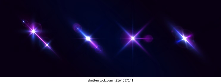 Violette Lichtsterne, Sonnenstrahlen, violette Funken funkeln. Blauer leuchtet Sternenstern Explosionslichteffekt. Helles Glitterglück. Set aus transparentem blauem Lichtstreich und Linsenfackel. Neon-Flare. Vektorgrafik