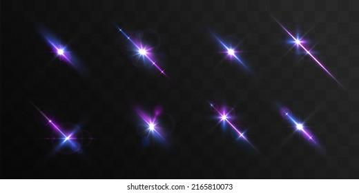 Purple lights star, sun rays, violet sparks sparkle. Blue glow star burst flare explosion light effect. Bright glitter glare. Set of transparent blue light streak and lens flares. Neon flare. Vector