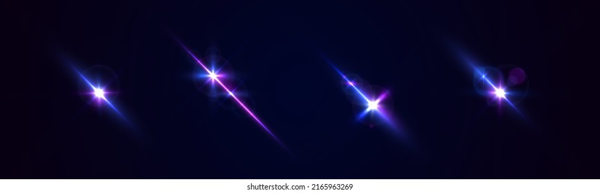 Purple lights star, sun rays, violet sparks sparkle. Blue glow star burst flare explosion light effect. Bright glitter glare. Set of transparent blue light streak and lens flares. Neon flare. Vector