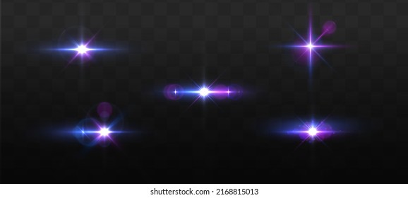 Purple lights star, sun rays, violet sparks sparkle. Blue glow star burst flare explosion light effect. Bright glitter glare. Set of transparent blue light streak and lens flares. Neon flare. Vector