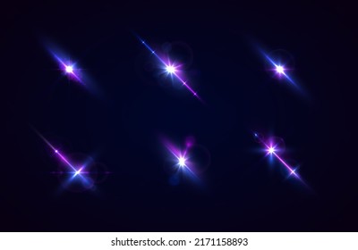 Purple lights star, sun rays, violet sparks sparkle. Blue glow star burst flare explosion light effect. Bright glitter glare. Set of transparent blue light streak and lens flares. Neon flare. Vector