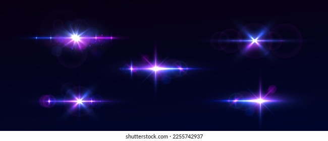Purple lights star, sun rays, violet sparks sparkle. Blue glow star burst flare explosion light effect. Bright glitter glare bokeh. Set of transparent light streak and lens flares. Neon flare. Vector	