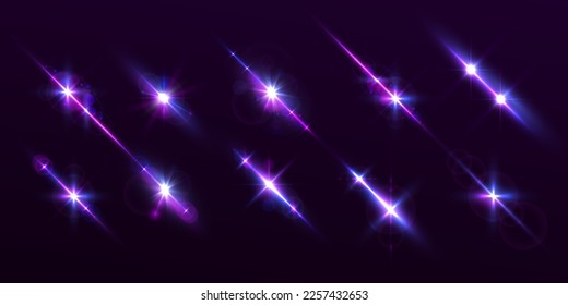 Estrella de luces moradas, rayos solares, chispas violetas brillan. Efecto de la luz de explosión de la estrella de brillo azul. Brillo brillante brillante brillante brillante. Conjunto de rayas de luz transparentes y bengalas de lente. Llama de neón. Vector	