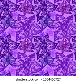 Purple, Lilac And Blue Hand Drawn Flowers Seamless Pattern On Violet Background For Fabric, Textile, Print, Material, Wallpaper, Backsplash Or Wrapping Paper. Floral Backdrop Vector Illustration