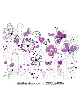 Purple and lilac decorative abstract spring flowers illustration