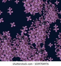 Purple Lilac flowers and petals watercolor style vector seamless pattern on dark background.