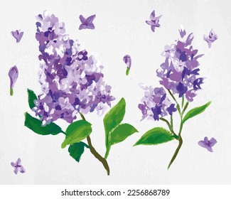 Purple lilac with green leaves watercolor set
