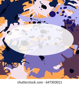 Purple lilac orange brown artistic ink splashes vector background. Greeting card or invitation template with semi-transparent ellipse frame for text
