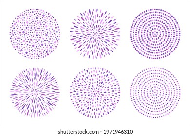 Purple, lilac round backgrounds set, patterns collection. Circle shape made of uneven dots, drops, paint splashes, specks, tiny spots, blobs. Radial templates for borders, frames, design elements. 