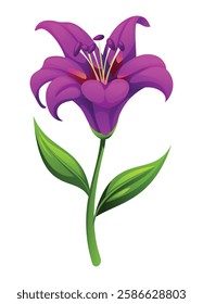 Purple lily flower with smooth petals and leaves, perfect for elegant floral designs. Vector cartoon illustration