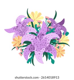 Purple lily with yellow wildflowers blooms. Vector bouquet of stylized flowers and green leaves. Botanical composition ideal for spring floral branding and wedding invitations design