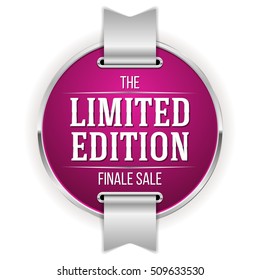 Purple limited edition badge, button with silver border on white background