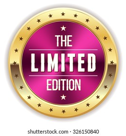 Purple limited edition badge with gold border on white background