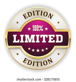 Purple limited edition badge with gold border on white background