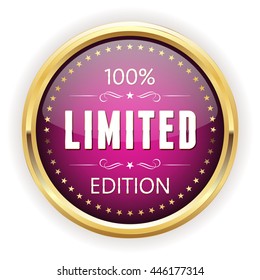 Purple limited edition button, badge with gold border on white background