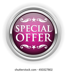 Purple limited edition button, badge with silver border on white background