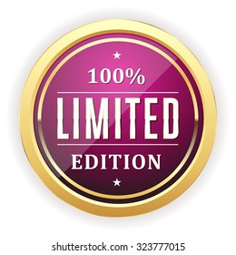 Purple limited edition button with gold border on white background