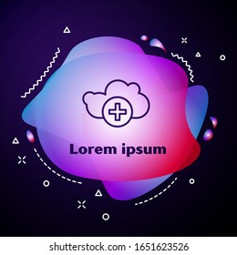 Purple line Add cloud icon isolated on blue background. Data storage on the cloud. Abstract banner with liquid shapes. Vector Illustration