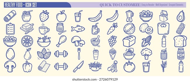 A purple line art vector icon set displays assorted healthy food and kitchen symbols for web, packaging, and editorial use, vibrant.