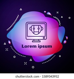 Purple line Bot icon isolated on blue background. Computer monitor and robot icon. Abstract banner with liquid shapes. Vector Illustration