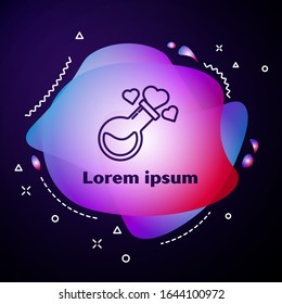 Purple line Bottle with love potion icon isolated on blue background. Valentines day symbol. Abstract banner with liquid shapes. Vector Illustration