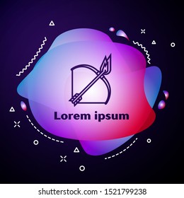 Purple line Bow and fire arrow icon isolated on dark blue background. Abstract banner with liquid shapes. Vector Illustration