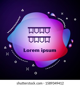 Purple line Carnival garland with flags icon isolated on blue background. Party pennants for birthday celebration, festival and fair decoration. Abstract banner with liquid shapes. Vector Illustration