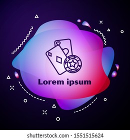 Purple line Casino chip and playing cards icon isolated on dark blue background. Casino poker. Abstract banner with liquid shapes. Vector Illustration