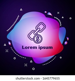 Purple line Chain link and coin icon isolated on blue background. Link single. Hyperlink chain symbol. Abstract banner with liquid shapes. Vector Illustration