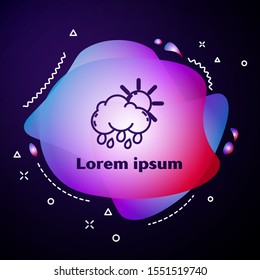 Purple line Cloud with rain and sun icon isolated on dark blue background. Rain cloud precipitation with rain drops. Abstract banner with liquid shapes. Vector Illustration