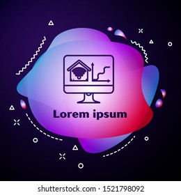 Purple line Computer monitor with smart home with wi-fi icon isolated on dark blue background. Remote control. Abstract banner with liquid shapes. Vector Illustration