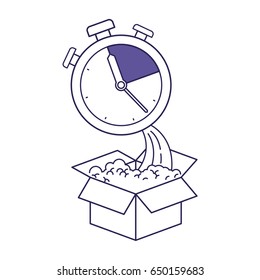 purple line contour of cardboard box and stopwatch vector illustration