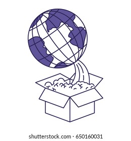 purple line contour of earth globe coming out of the box vector illustration