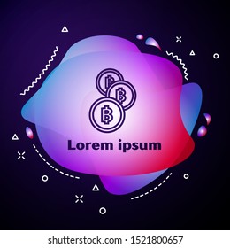 Purple line Cryptocurrency coin Bitcoin icon isolated on dark blue background. Physical bit coin. Blockchain based secure crypto currency. Abstract banner with liquid shapes. Vector Illustration