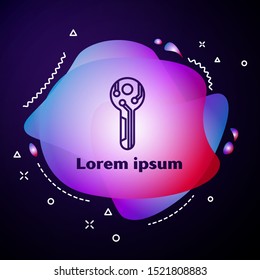 Purple line Cryptocurrency key icon on dark blue background. Concept of cyber security or private key, digital key with technology interface. Abstract banner with liquid shapes. Vector Illustration