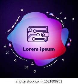 Purple line Cryptocurrency wallet icon on dark blue background. Wallet and bitcoin sign. Mining concept. Money, payment, cash, pay icon. Abstract banner with liquid shapes. Vector Illustration