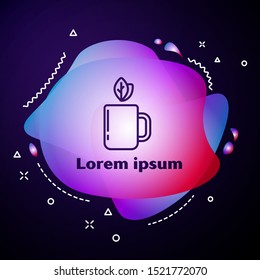 Purple line Cup of tea and leaf icon isolated on dark blue background. Abstract banner with liquid shapes. Vector Illustration